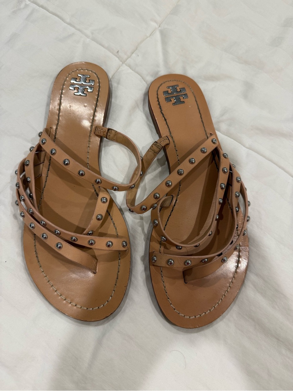 Tory Burch Tan Studded Strappy Leather Slide Sandals